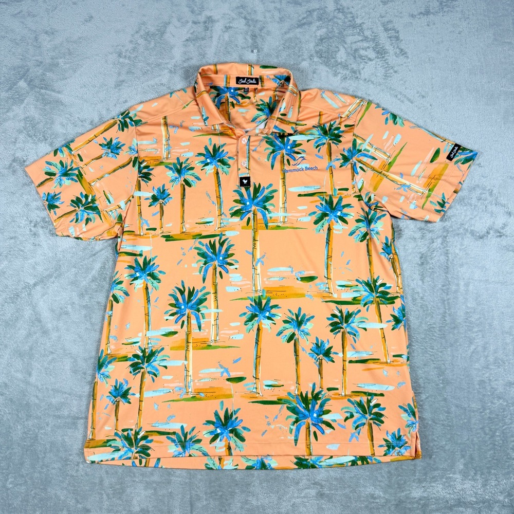 Bad Birdie Mens 2XL Golf Polo Peach Orange Palm Tree Tropical Hammock Beach
